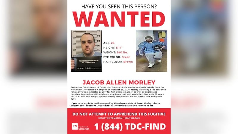 Jacob Morley escaped from Northwest Correctional Complex on Oct. 25.